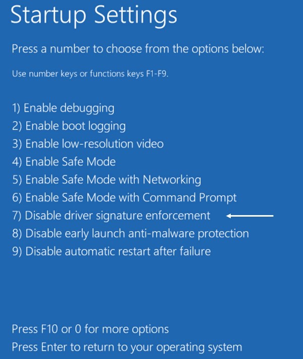 Disable driver signature enforcement