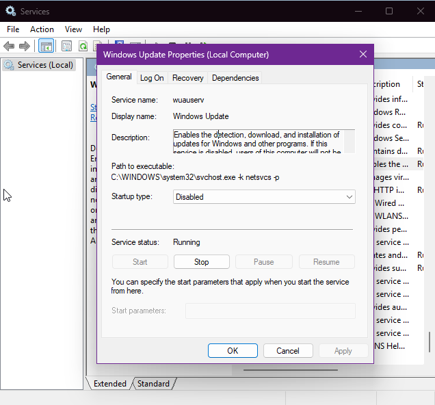 Disable Windows Update Service Temporarily