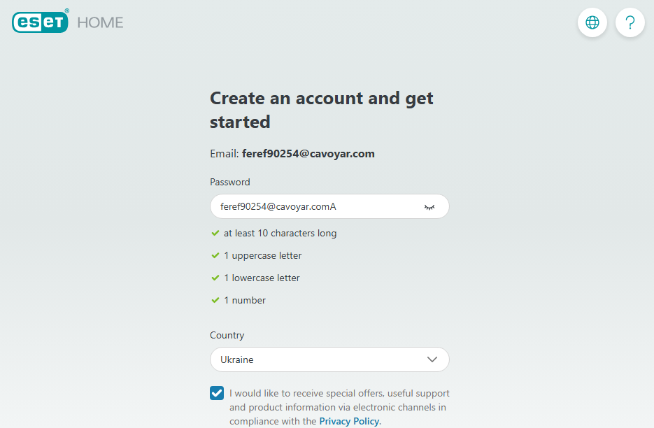 Create Account eset