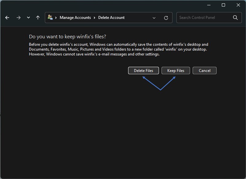 Delete files or Keep files.