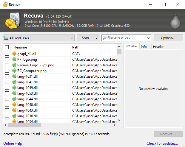 Recovery data with Recuva