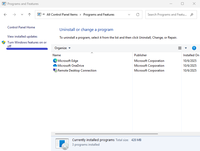 Program and Features option