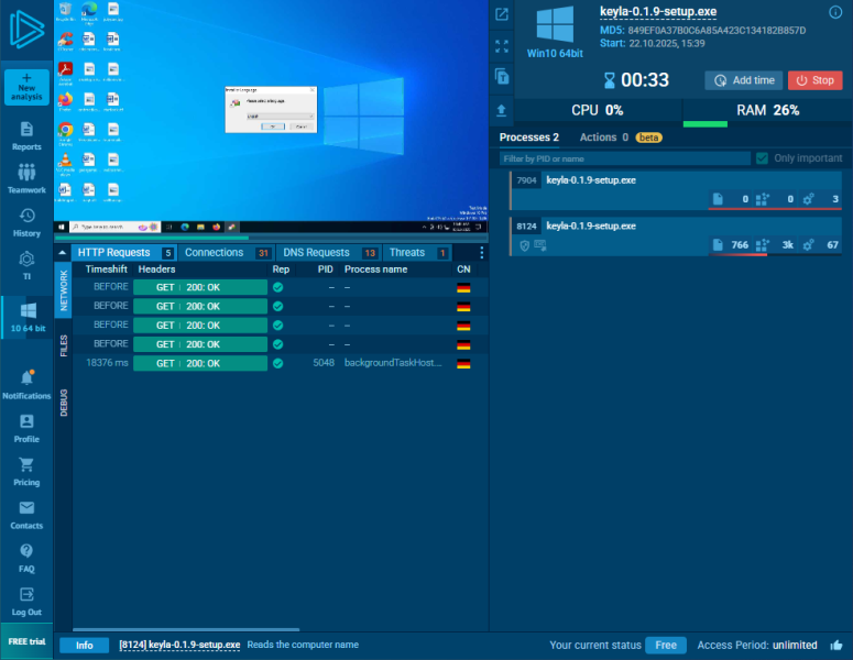 Watch the behavior in real time — network connections, commands, dropped files, and more.