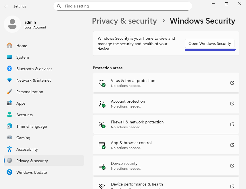 Windows Security > Open Windows Security