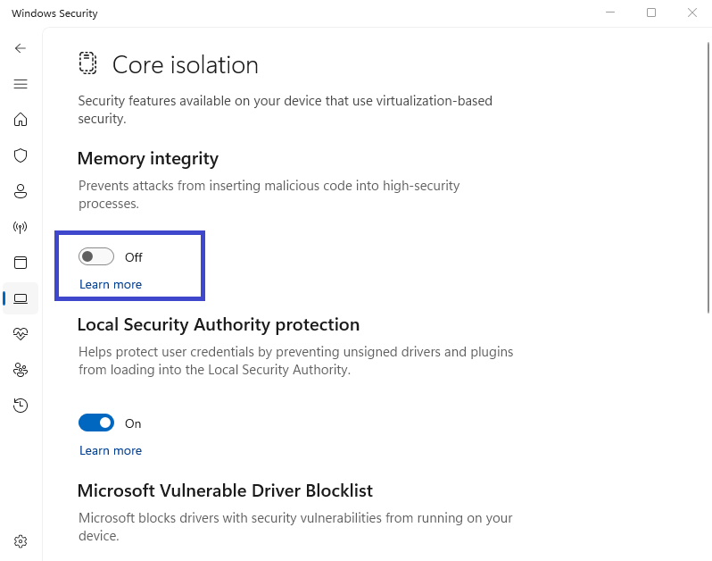 Disable the Memory Integrity