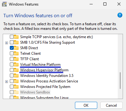 Uncheck the  Microsoft Defender Application Guard, Virtual machine Platform, and Windows Hypervisor Platform