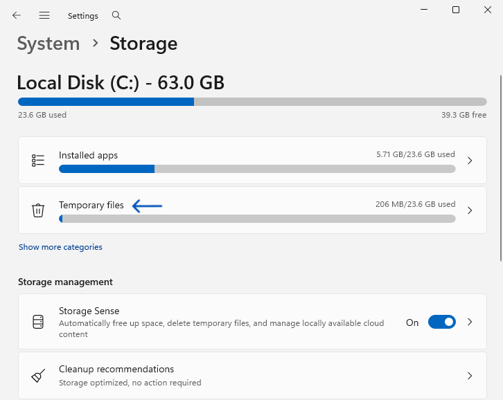 Option for deleting temporary cached data to free up system space