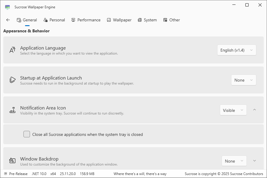 Sucrose Wallpaper Engine - general options