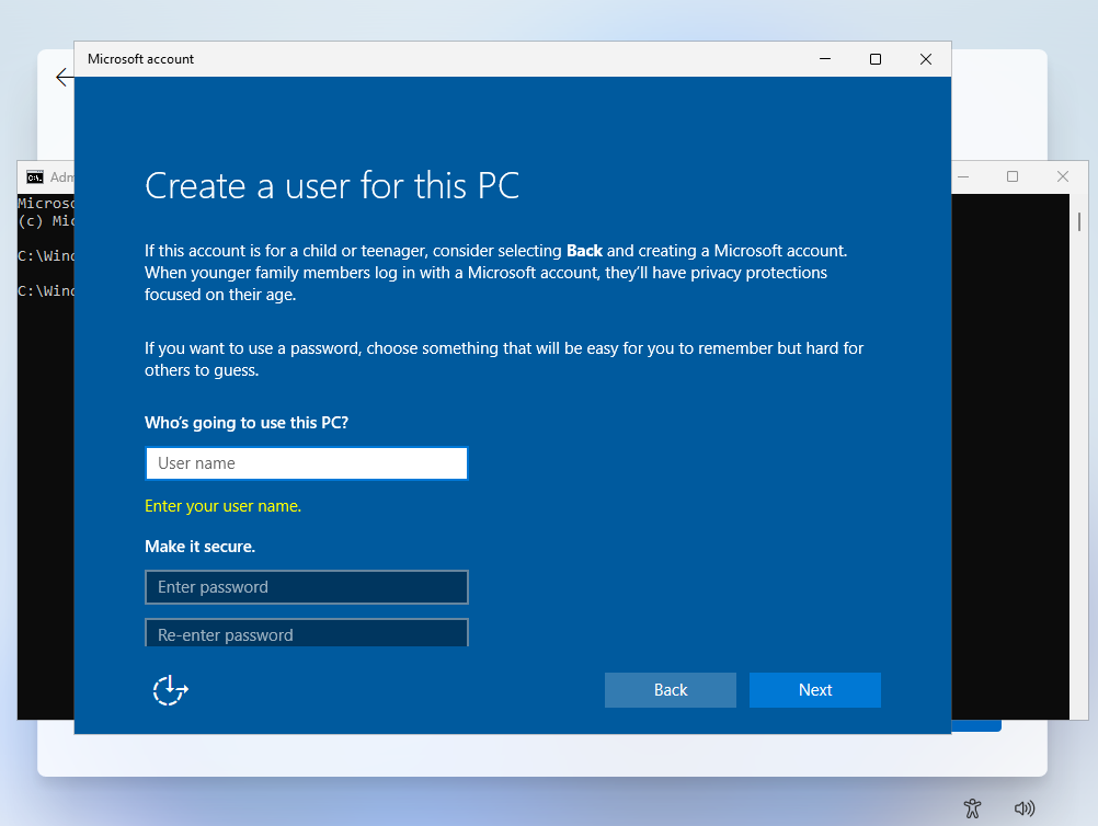 A local account creation window will appear.